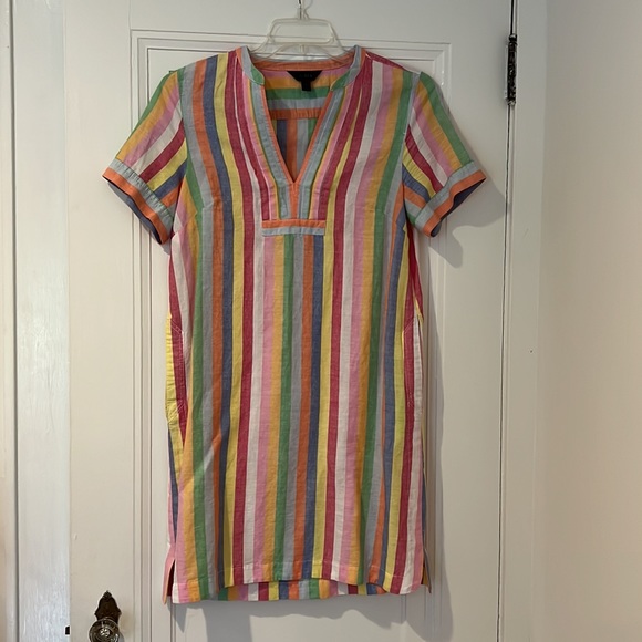JCrew linen blend vertical rainbow striped mini dress w/ pockets. Size S, new - Picture 3 of 6